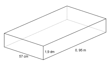 Rett, firkantet prisme med dimensjoner 0,95 m, 57 cm og 1,9 dm.